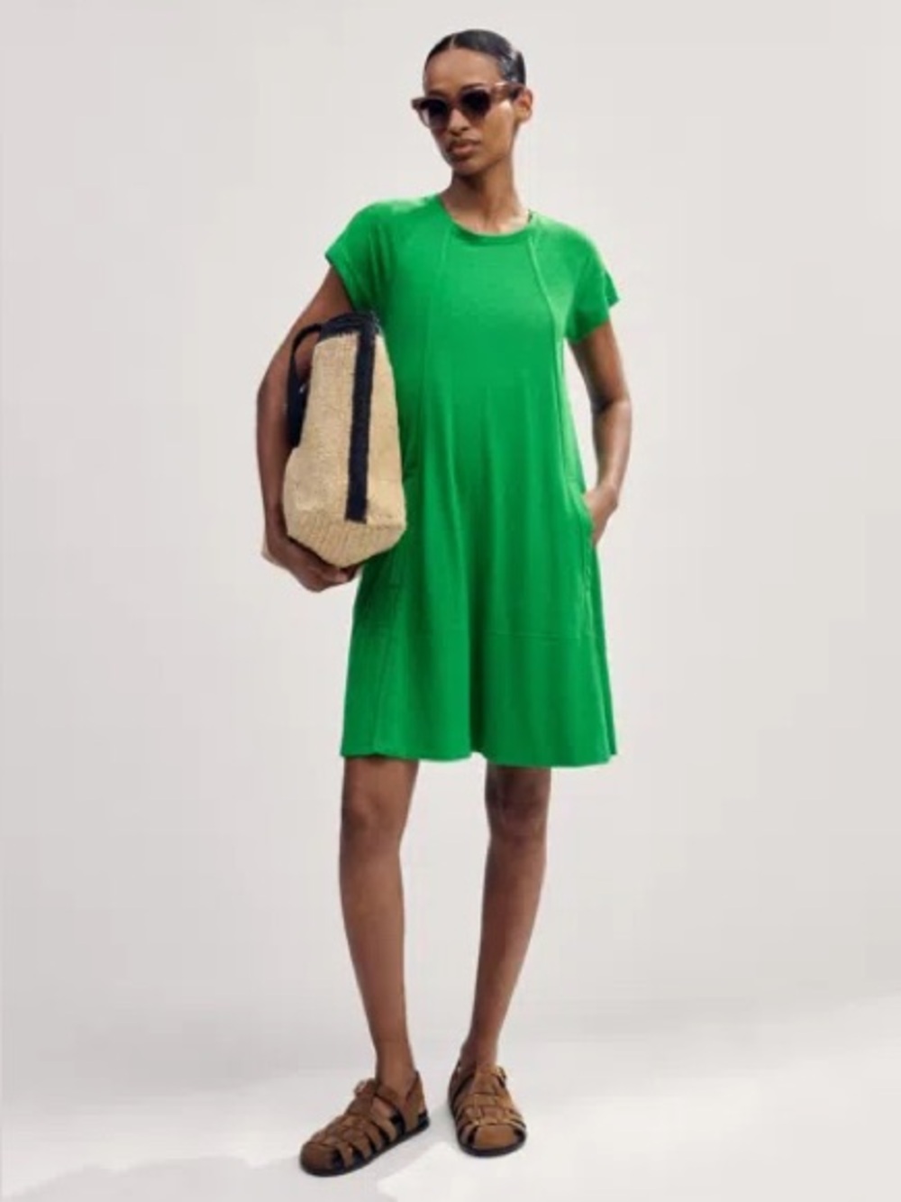 ME+EM Jersey Raglan Seam Swing Dress Green Cotton Pockets Size 10